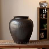 新中式 落地陶瓷花纯瓶手工雕刻T 329罐陶子侘寂风庭院黑骑坛士粗