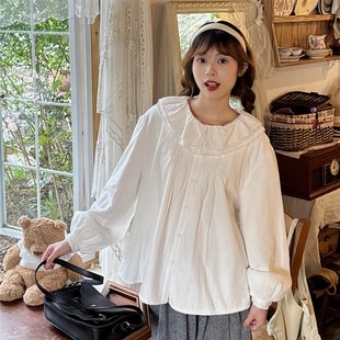 森系少女温柔双层荷叶花边领衬衫冬季加绒加厚灯笼袖娃娃衫上衣