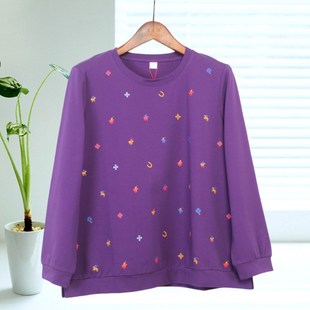 千美中老年妈妈秋装长袖加大加肥薄款纯棉女装上衣宽松打底衫t恤