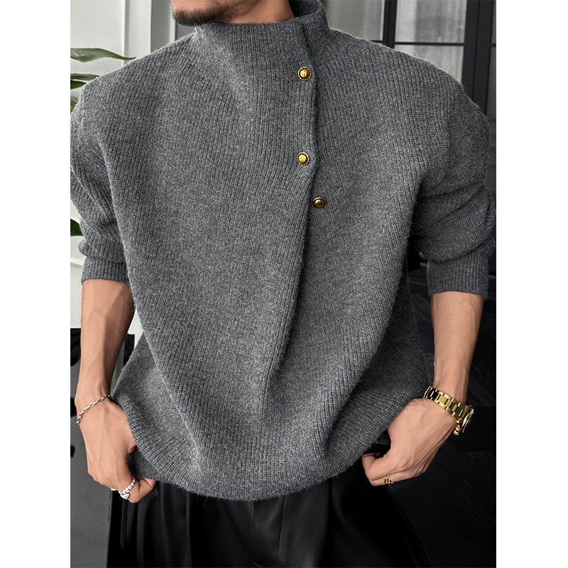 龙叨叨2024秋冬新品复古高领纽扣设计感毛衣男休闲百搭宽松针织衫