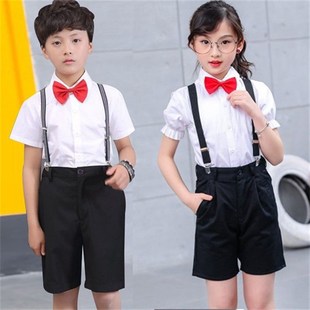 校服 表演礼服夏衬衣小学生儿童演出主持人套装 男女童短袖 白色衬衫