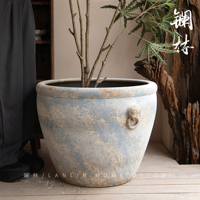 景德镇手工粗陶狮头陶瓷大缸落地圆坛水缸大花盆鱼缸摆件庭院圆弘