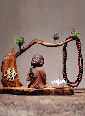 创意中式玄关博古架紫砂摆件禅意小和尚 家居装饰陶瓷达摩工艺品