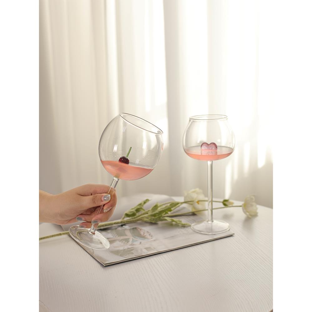 创意法式爱心樱桃立体高脚红酒杯子高颜值轻奢气泡葡萄酒杯礼物