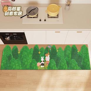绿色森林厨房地垫免洗可擦长条地毯家用吸水皮革防滑脚垫自由裁剪