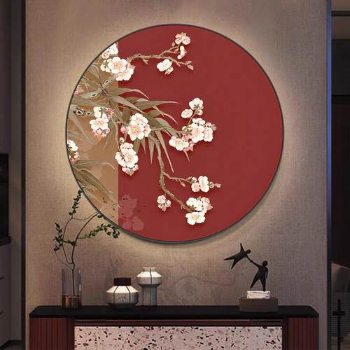喜上眉梢圆形新中式玄关装饰画走廊过道壁画花鸟客厅led灯画挂画