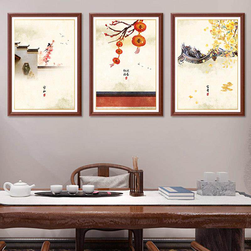 新中式沙发背景墙面装饰画饭厅墙面壁画中国风玄关走廊实木框挂画