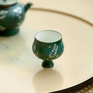 观策器隐苍绿描银花卉蛮腰杯高脚茶杯单个陶瓷菊瓣杯主人杯品茗杯