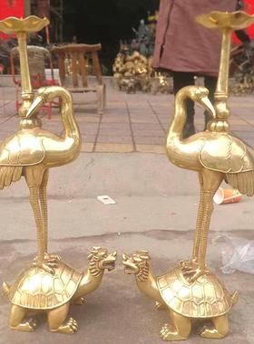 纯铜蜡台烛台龟鹤龙龟仙鹤灵芝招财长寿纳福铜器动物桌面手工摆件