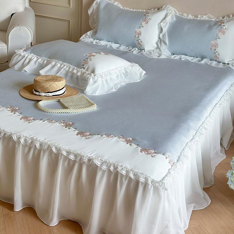 可水洗凉感冰丝凉席三件套小清新花卉刺绣床裙可折叠夏季空调席子