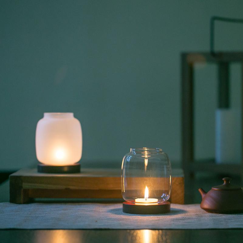 简意空间 烛台 玻璃烛台 禅意实木覆古 咖啡馆酒吧灯笼装饰摆件