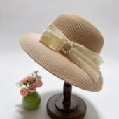 遮阳防晒度假帽遮阳帽珍珠装 法式 优雅珍珠蝴蝶结草帽女夏季 饰