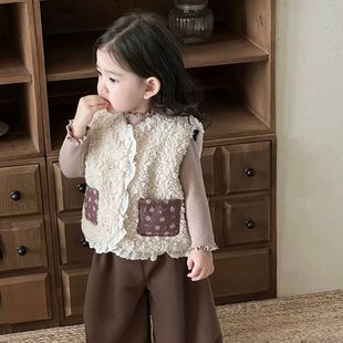 女童秋冬新款羊羔绒马甲针织打底衫咖啡色木耳边裤子洋气三件套装
