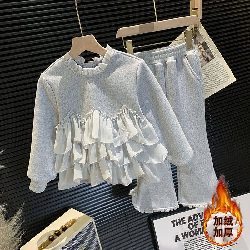 女童冬季加绒套装2025新款洋气儿童花边卫衣喇叭裤休闲运动两件套