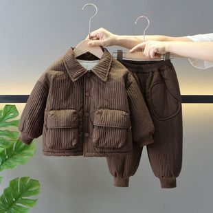 男童套装j加绒加厚2025韩版帅气洋气条绒开衫儿童外套两件套新款