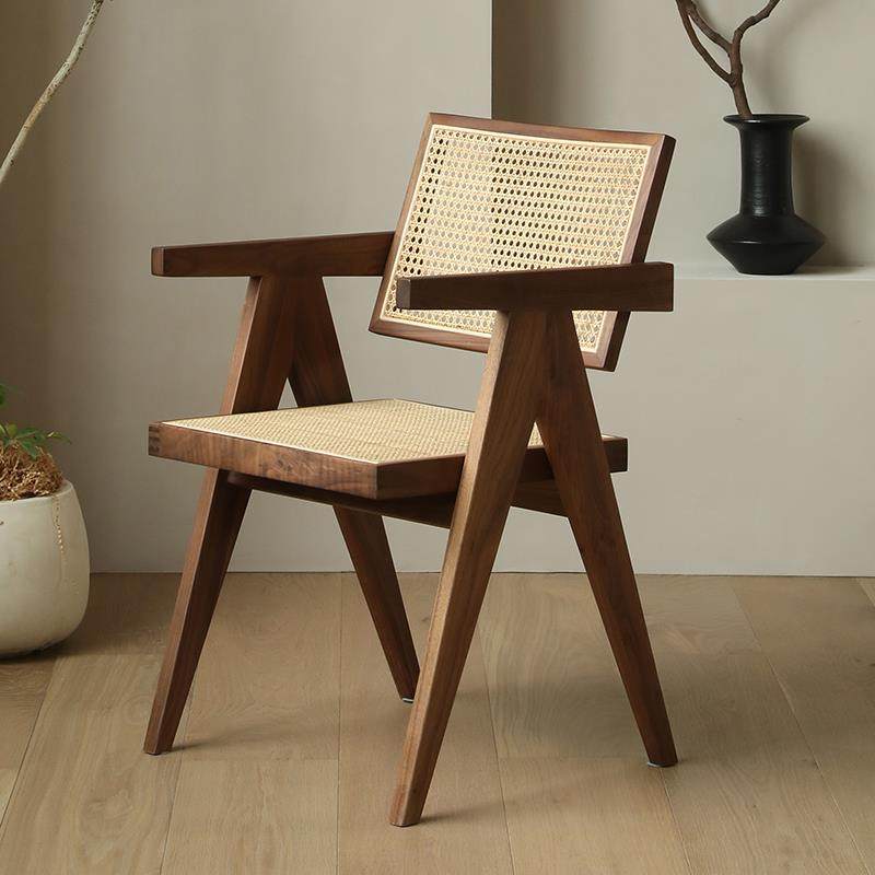 复古藤编单人实木餐椅北欧阳台藤椅休闲椅北美黑胡桃木沙发椅书椅