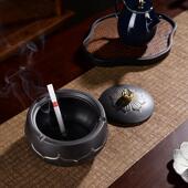 新选陶瓷烟灰缸带盖防飞灰圆形新中式 禅意复古家T居办公室桌面茶