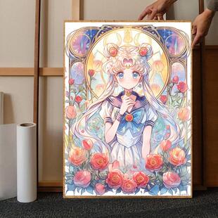 饰画5d 美少女战士卡通钻石画满钻花卉高级感十字绣水钻带框客厅装