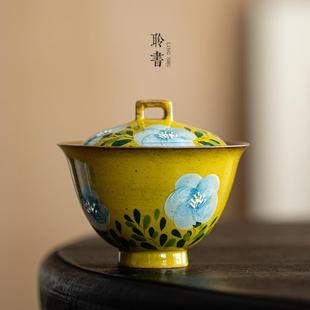 纯手工粗陶泡茶碗茶杯不烫手功夫茶具复古诧寂风 手绘山茶花盖碗