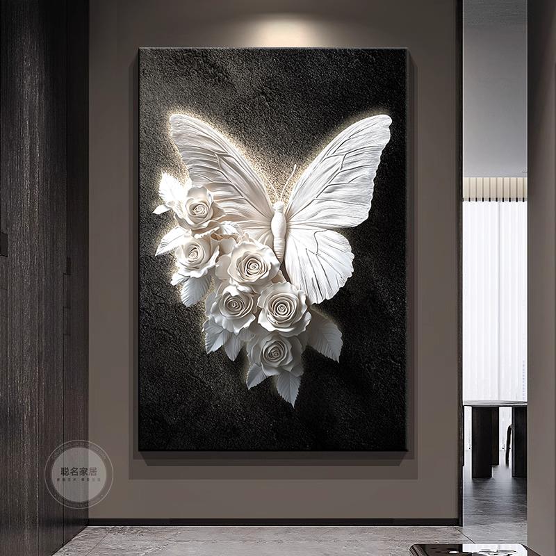 黑白蝴蝶玄关装饰画浮雕立体感沙发背景墙挂画高档大气客厅落地画图片