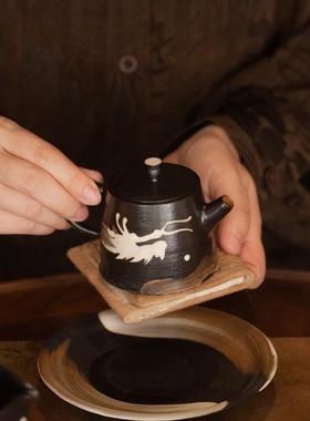 景德镇牧渔手工龙纹粗陶复古马蹄型悬停盖碗陶瓷功夫茶具黑白水墨