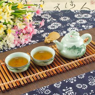 龙泉青瓷茶壶陶瓷手绘青花山水功夫茶具家用一壶两杯鲤鱼茶杯茶艺