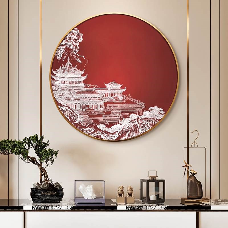 新中式玄关客厅圆形装饰画立体肌理浮雕实物挂画酒店餐厅墙面挂画图片