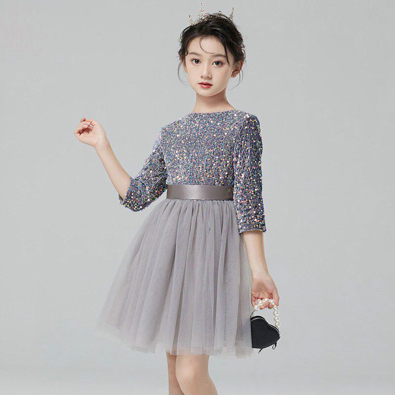 春秋冬儿童礼服长裙女童亮片公主纱裙长袖连衣裙子大童表演出服装