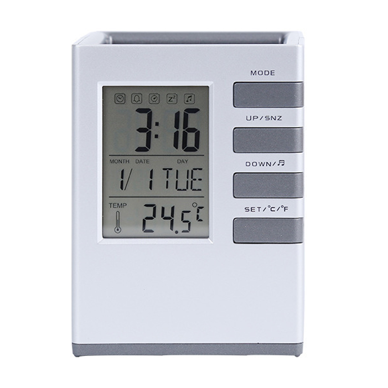 方形创意多功能电子万年历笔筒带背光办公桌面时钟企业定制印logo