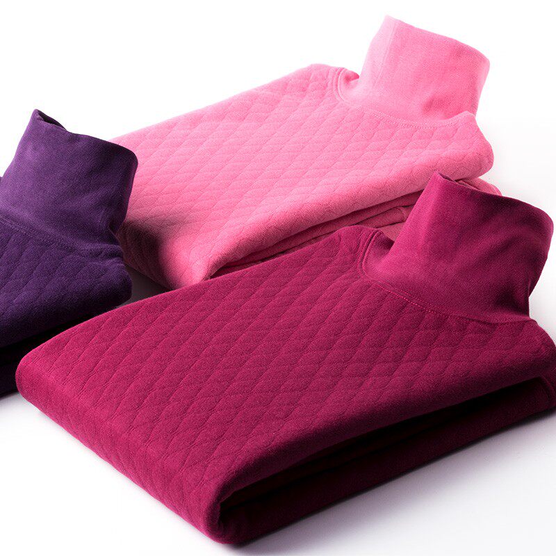 高领保暖内衣女士加厚中老年人秋衣秋裤纯棉妈妈三层全棉毛衫套装