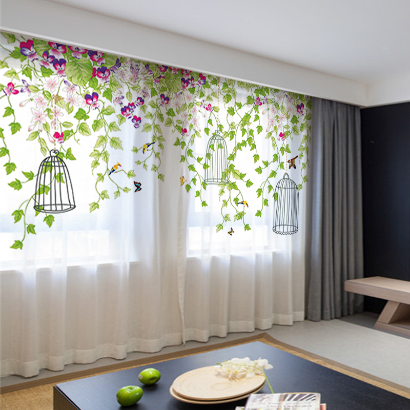 新中式风格田园风光清新文艺卧室窗帘花鸟客厅隔断透光古风纱帘夏
