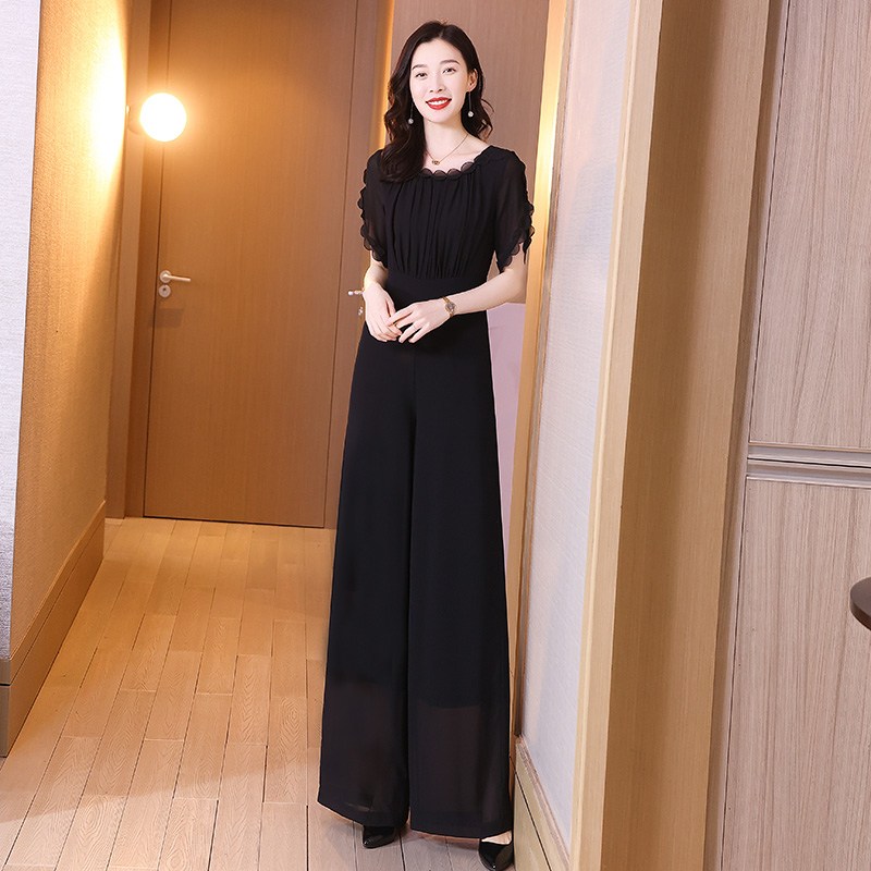 黑色雪纺连体裤女夏长款2021新连身高腰气质连衣阔腿裤垂套装2110