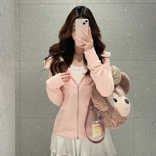 拉链lulu衫外套短款连帽收腰显瘦早秋款穿搭紧身粉色灰色卫衣上衣