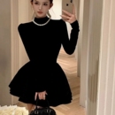 法式 内搭外穿高级感蓬蓬裙 赫本小香风黑色半高领连衣裙2025秋冬款