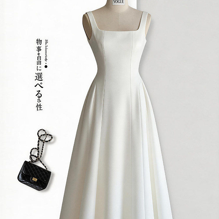 白色方领吊带连衣裙女2026夏季新款法式高级感收腰显瘦小白裙礼服