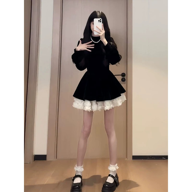 千金风赫本风黑色收腰蓬蓬连衣裙