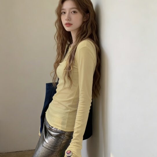 港风修身圆领黄色长袖t恤女2026夏款薄款软糯内搭打底衫显瘦上衣