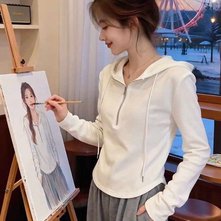 风凉夏白色连帽拉链长袖T恤女2026新款春季显瘦百搭气质打底上衣