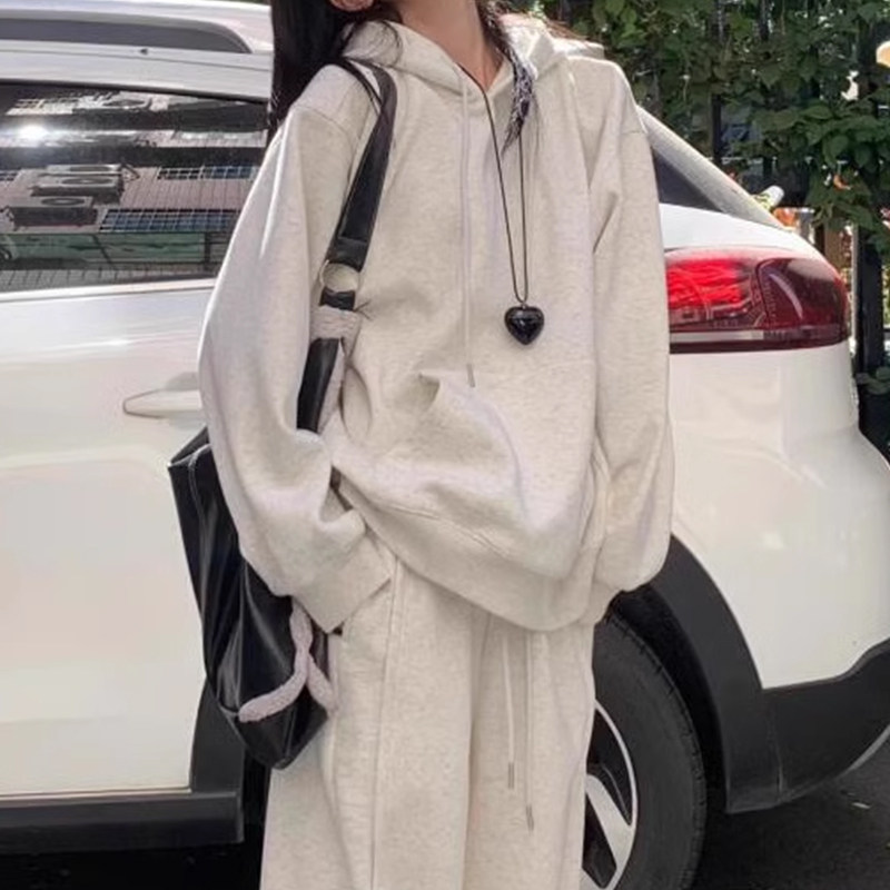 美式白灰色连帽卫衣女休闲运动2026春冬款韩系松弛慵懒风上衣外套
