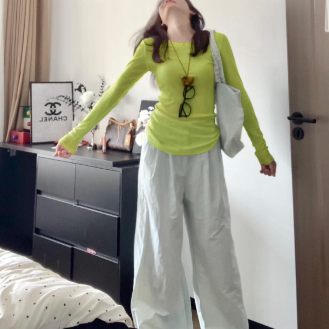 黄绿色长袖T恤女2026夏季款修身显瘦薄款防晒罩衫设计感小众上衣