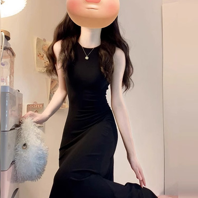 夏日绝美掐腰小黑长裙子高级感