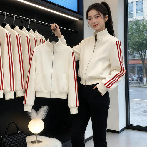 2026春秋运动风立领条纹夹克女