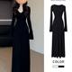 黑色赫本风长款 长裙子 气质高级感修身 小黑裙长袖 针织2026春秋新款
