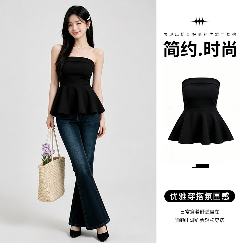 法式赫本风黑色设计感抹胸背心