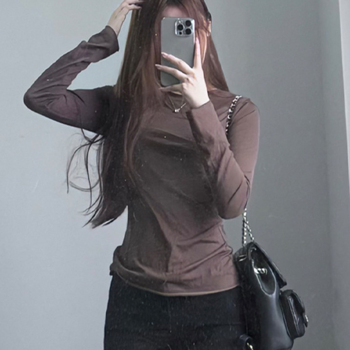 基础款棕色长袖T恤女2026夏款咖啡色圆领修身显瘦打底衫百搭上衣