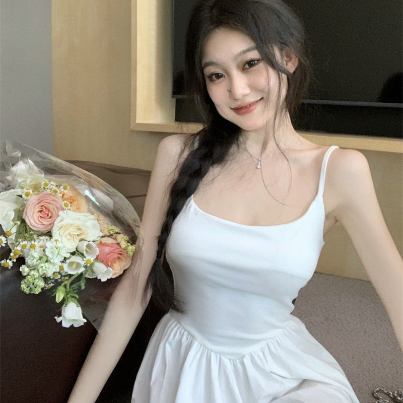 法式吊带收腰显瘦长款连衣裙