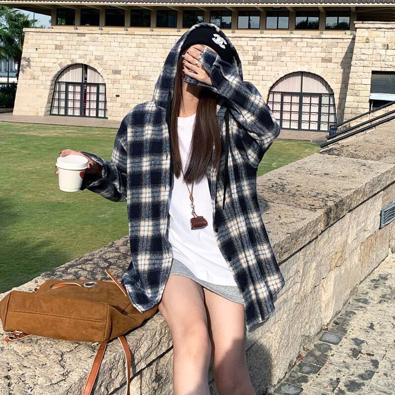 复古连帽格子宽松短外套女