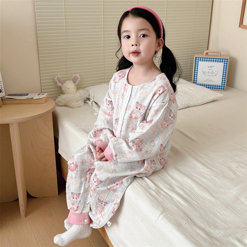 儿童连体睡衣纯棉春夏薄款A类宝宝纱布睡袋防踢被婴儿护肚防着凉