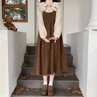 初中生甜美秋冬连衣裙时尚少女套装裙高中学生可爱娃娃领过膝长裙