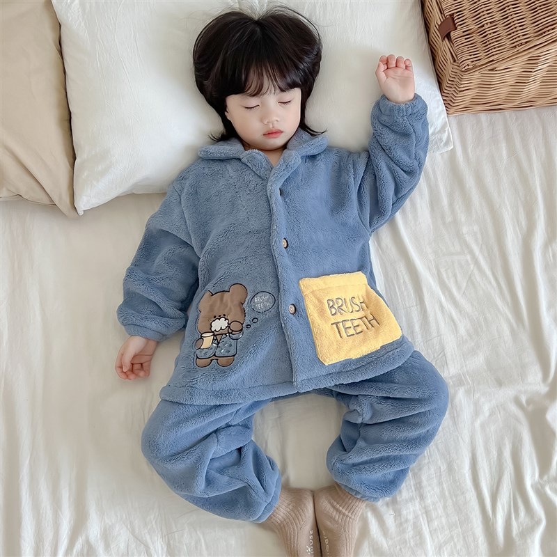 儿童睡衣秋冬款男女童珊瑚绒加厚翻领套装中大童法兰绒家居服冬季